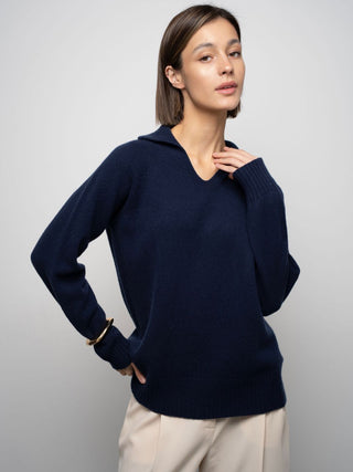 Merino wool sweater with polo collar, Dark Blue