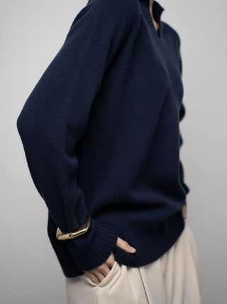 Merino wool sweater with polo collar, Dark Blue
