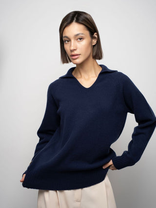 Merino wool sweater with polo collar, Dark Blue