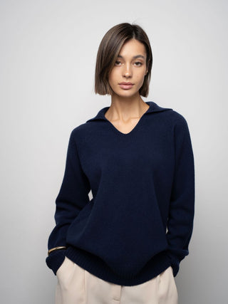 Merino wool sweater with polo collar, Dark Blue