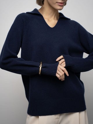 Merino wool sweater with polo collar, Dark Blue