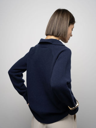 Merino wool sweater with polo collar, Dark Blue