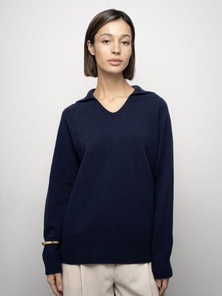 Merino wool sweater with polo collar, Dark Blue