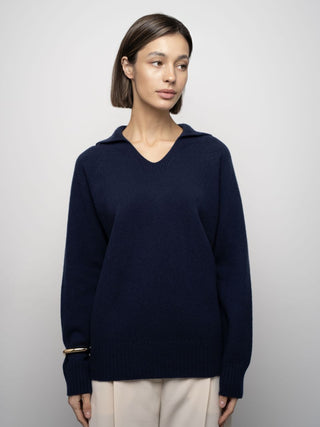 Merino wool sweater with polo collar, Dark Blue