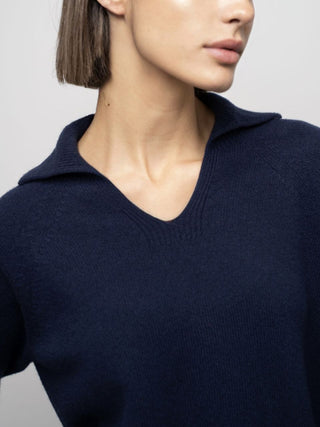 Merino wool sweater with polo collar, Dark Blue